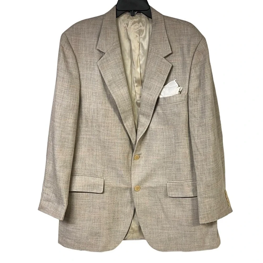 Vintage PBM Blazer Sport Coat‎ Light Beige Plaid Textured Classic Professional